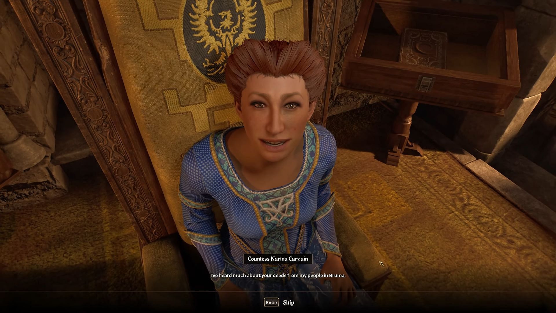 Interacting with Narina in Oblivion Remastered (Image via Bethesda Softworks // YouTube/@Gamerack)